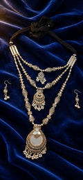Traditional Oxidised Silver-Tone Three-Layer Necklace Set with Statement Pendants & Matching Earrings