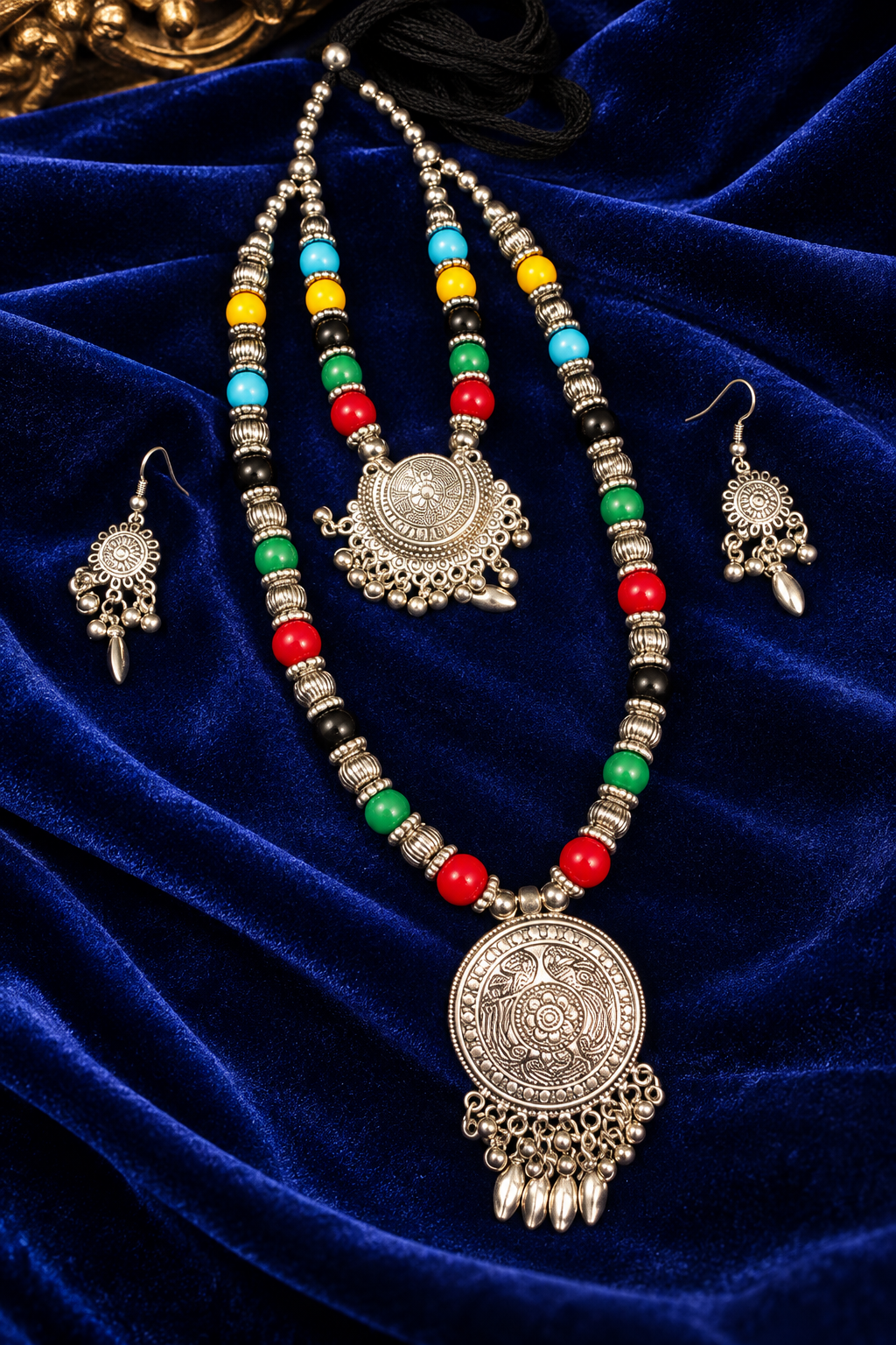 Multicolour Oxidised Silver-Tone Necklace Set with Round Statement Pendant & Matching Earrings