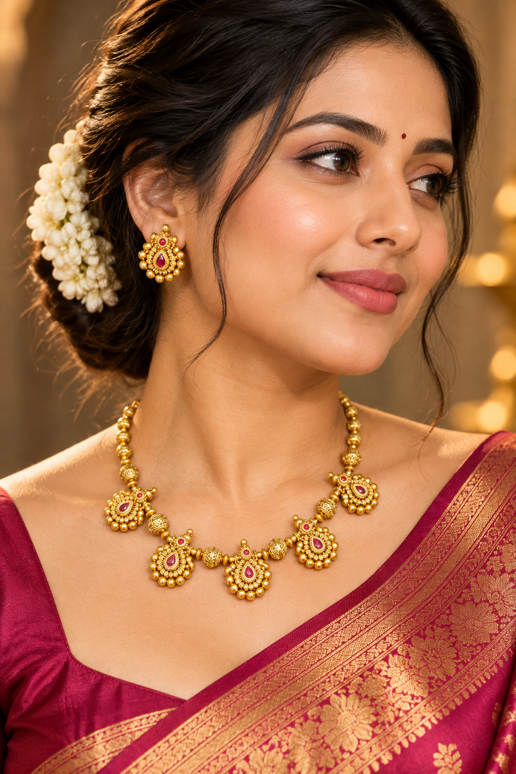Traditional Gold-Tone Red Stone Necklace Set with Matching Earrings