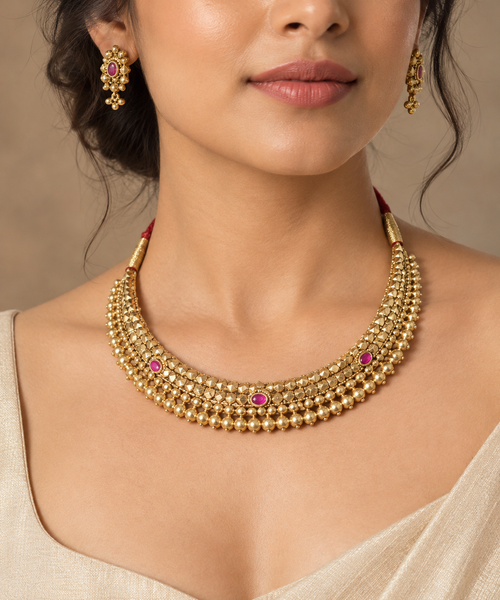 Traditional Gold-Tone Beaded Choker Necklace Set with Pink-Red Stone Accents & Matching Earrings