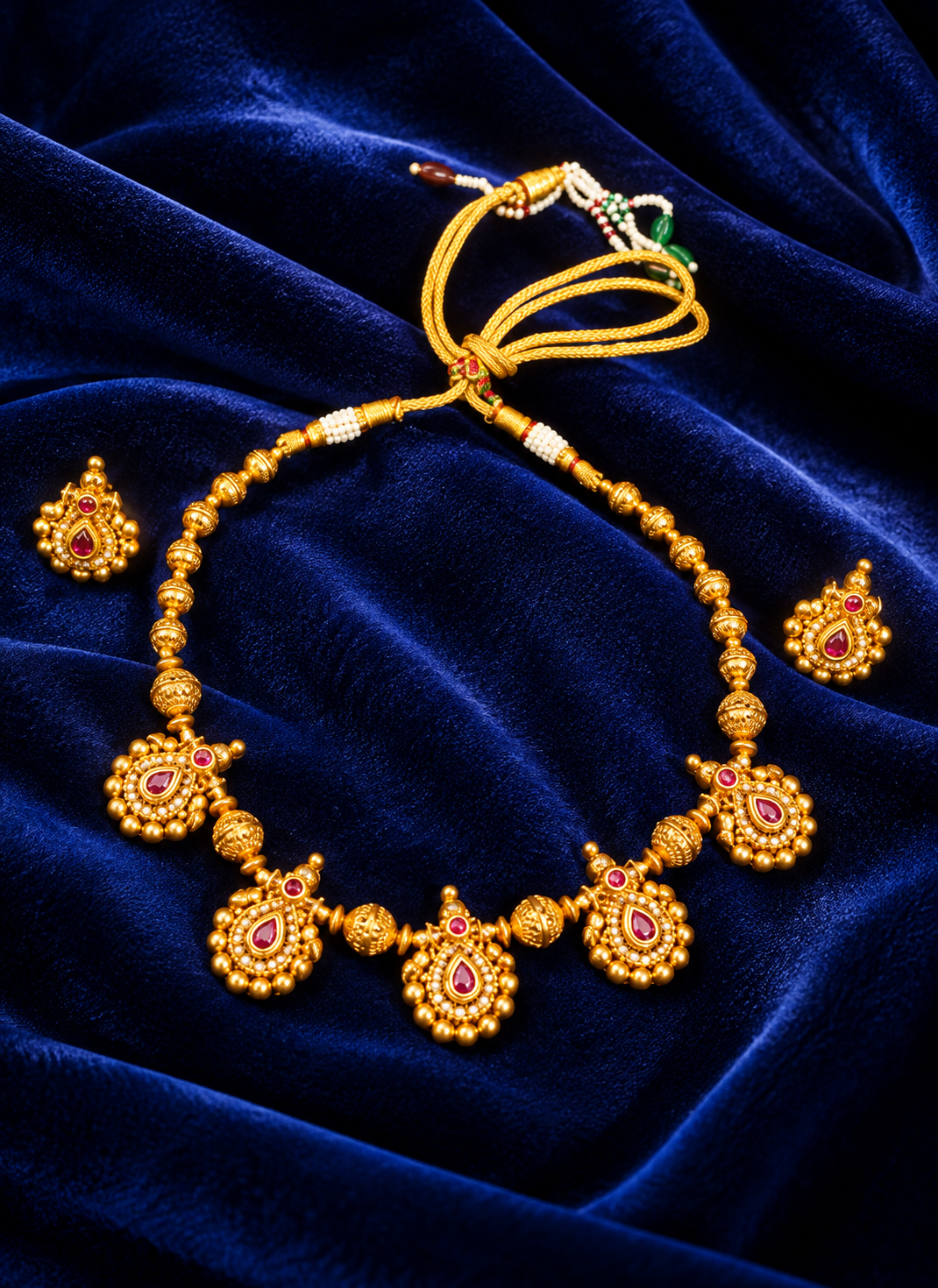 Traditional Gold-Tone Red Stone Necklace Set with Matching Earrings