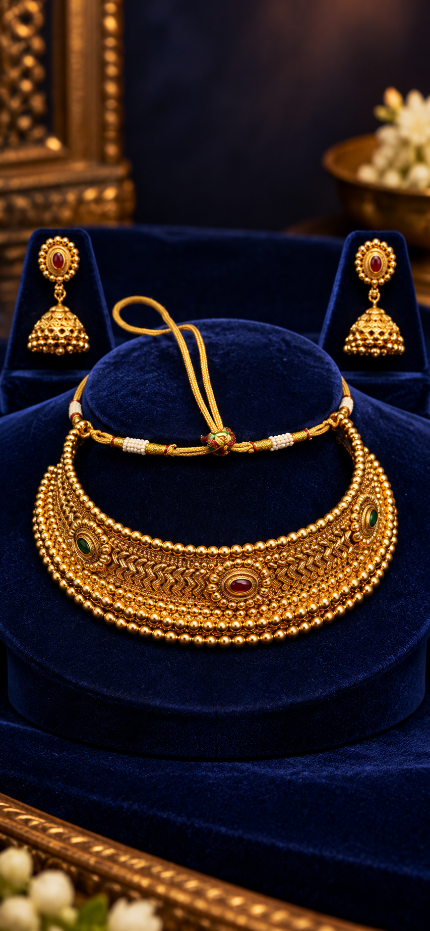 Traditional Gold-Tone Choker Necklace Set with Red & Green Stone Accents and Matching Jhumka Earrings