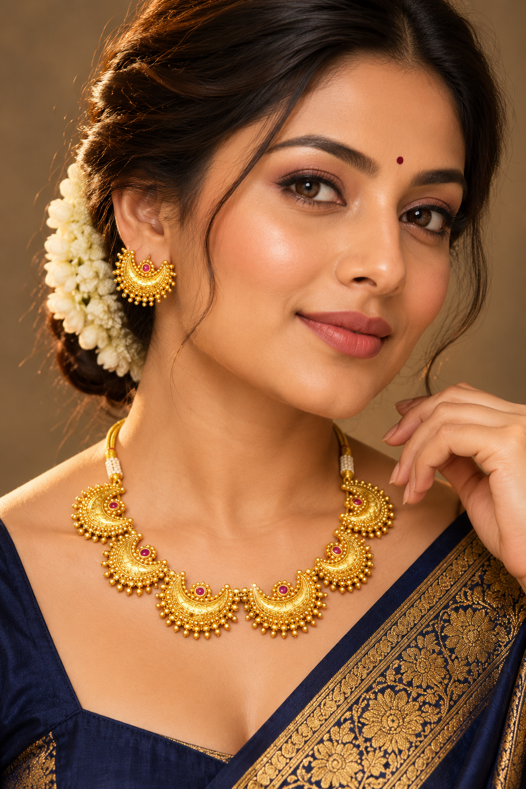 Traditional Gold-Tone Crescent / half-moon motifs (Chandrakor) Necklace Set with Red Stone Accents & Matching Earrings