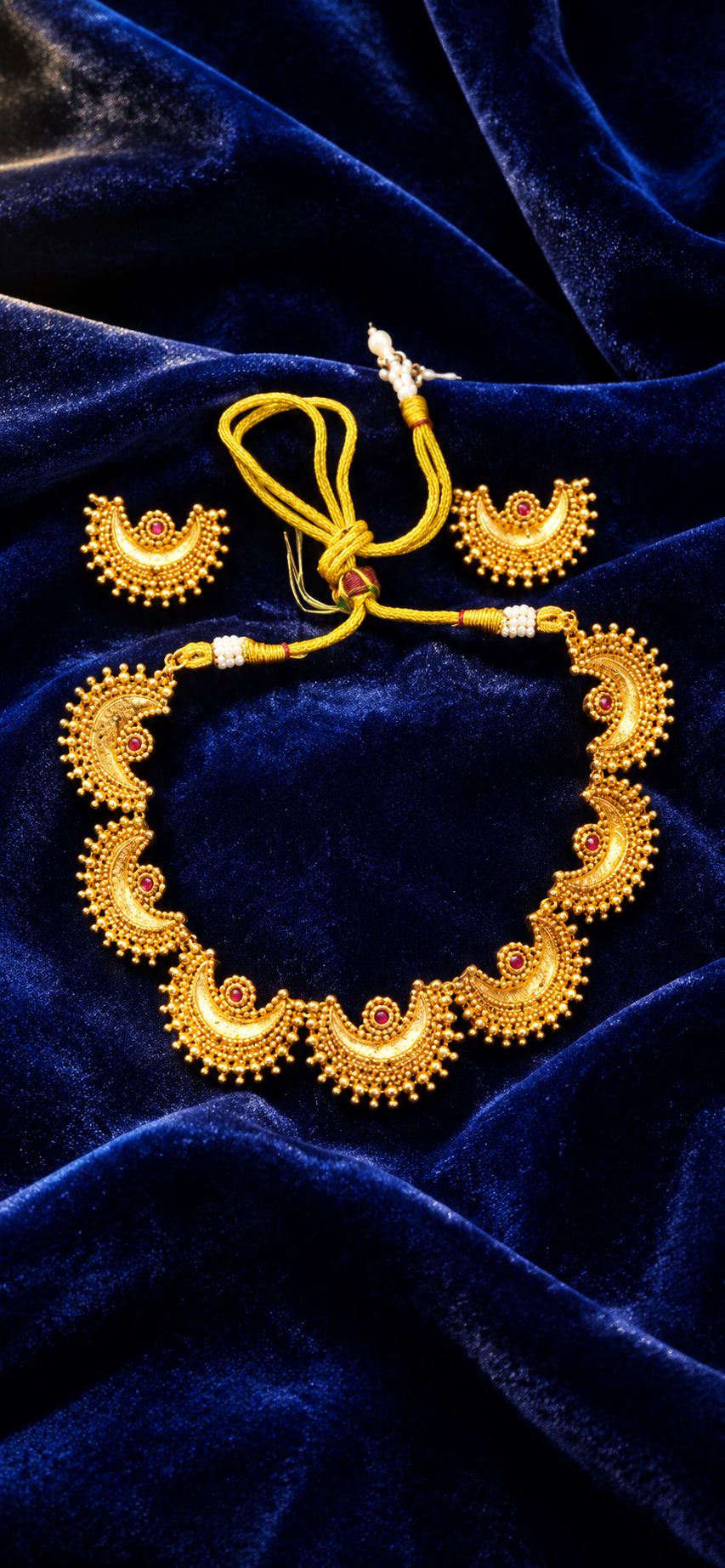 Traditional Gold-Tone Crescent / half-moon motifs (Chandrakor) Necklace Set with Red Stone Accents & Matching Earrings