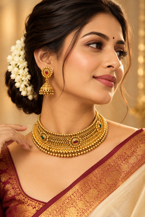 Traditional Gold-Tone Choker Necklace Set with Red & Green Stone Accents and Matching Jhumka Earrings