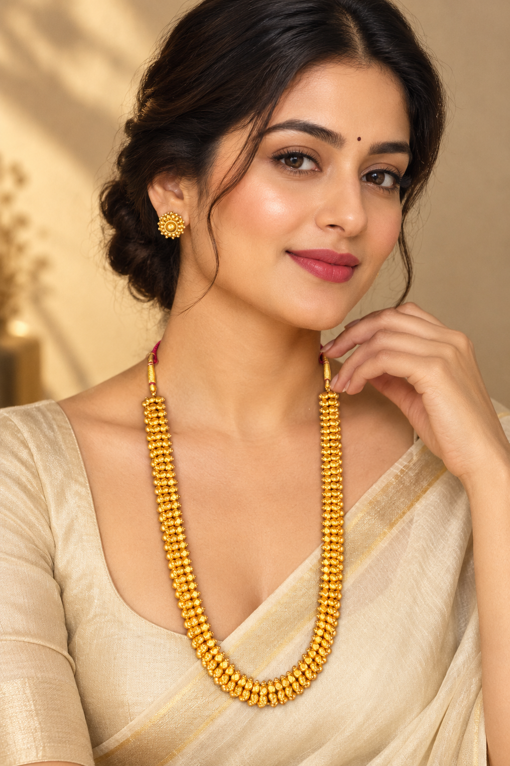 Traditional Gold-Tone Beaded Necklace Set with Matching Earrings