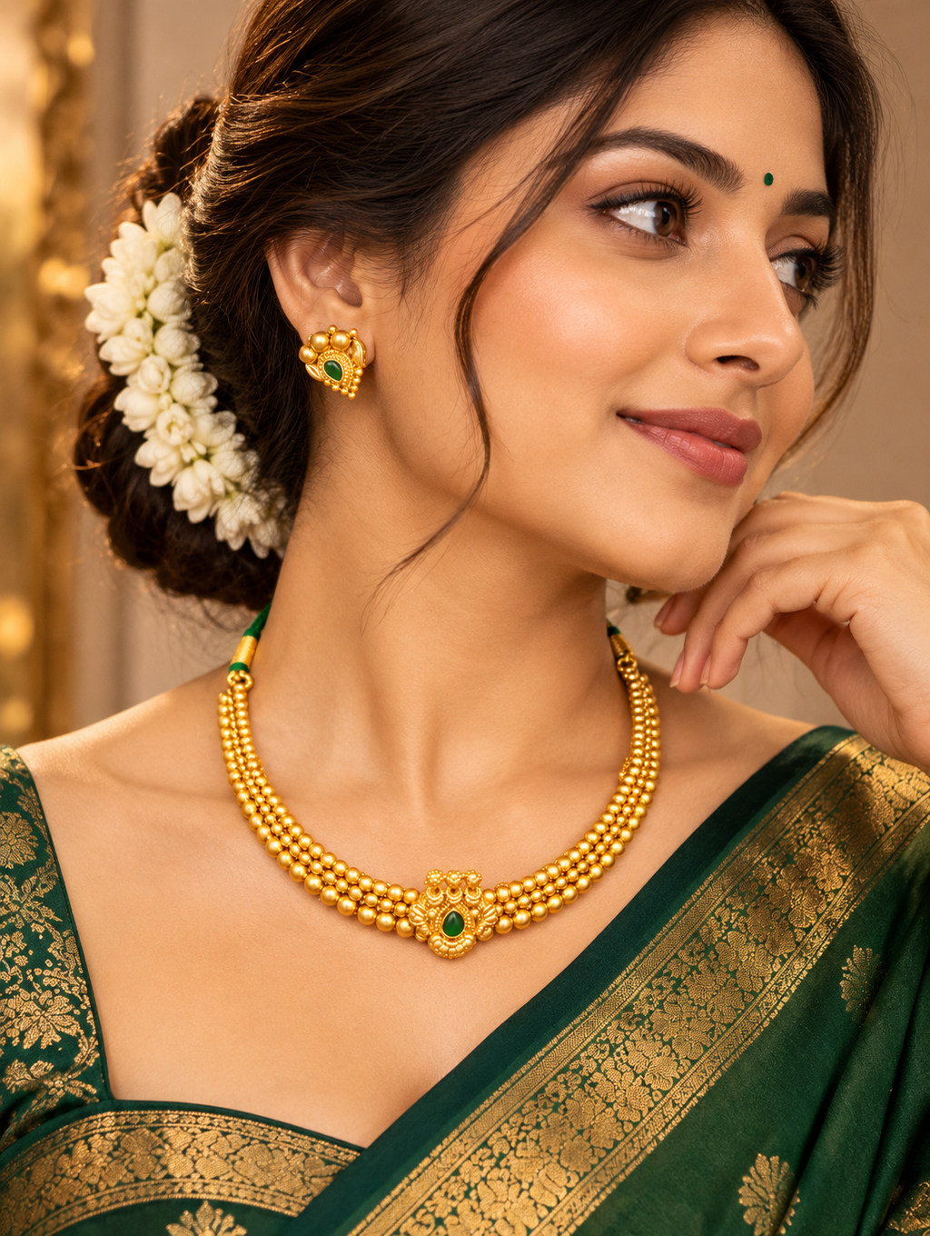 Traditional Gold-Tone Necklace Set with Green Stone Accents & Matching Earrings