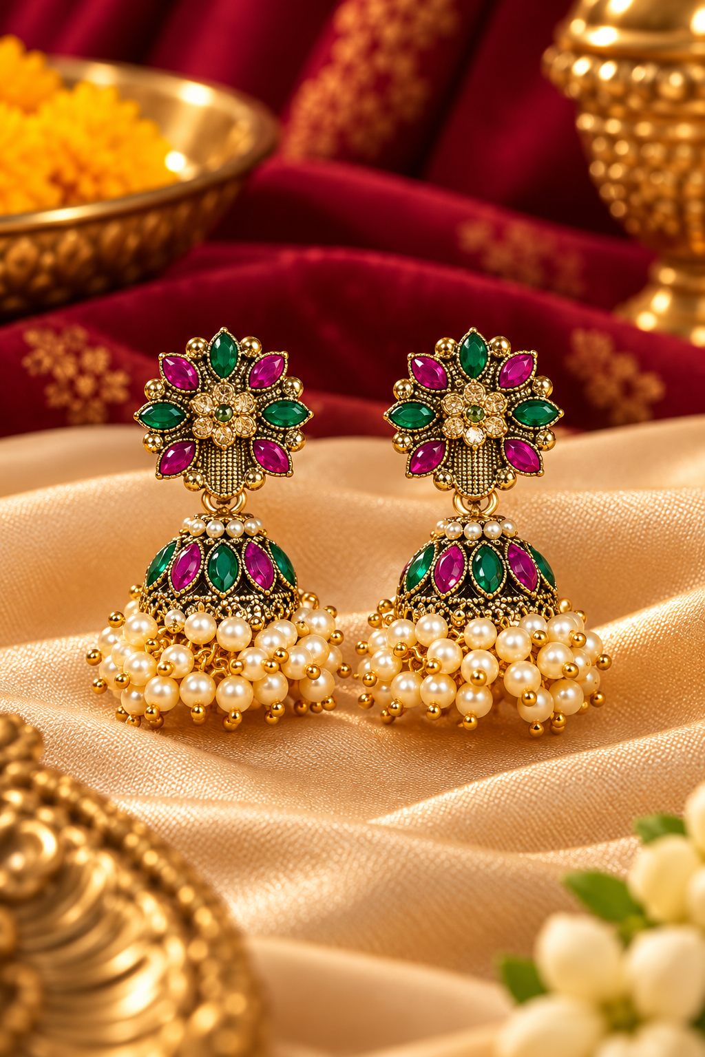 Gold-Tone Multicolour Floral Jhoomka Earrings with Pearl Drops