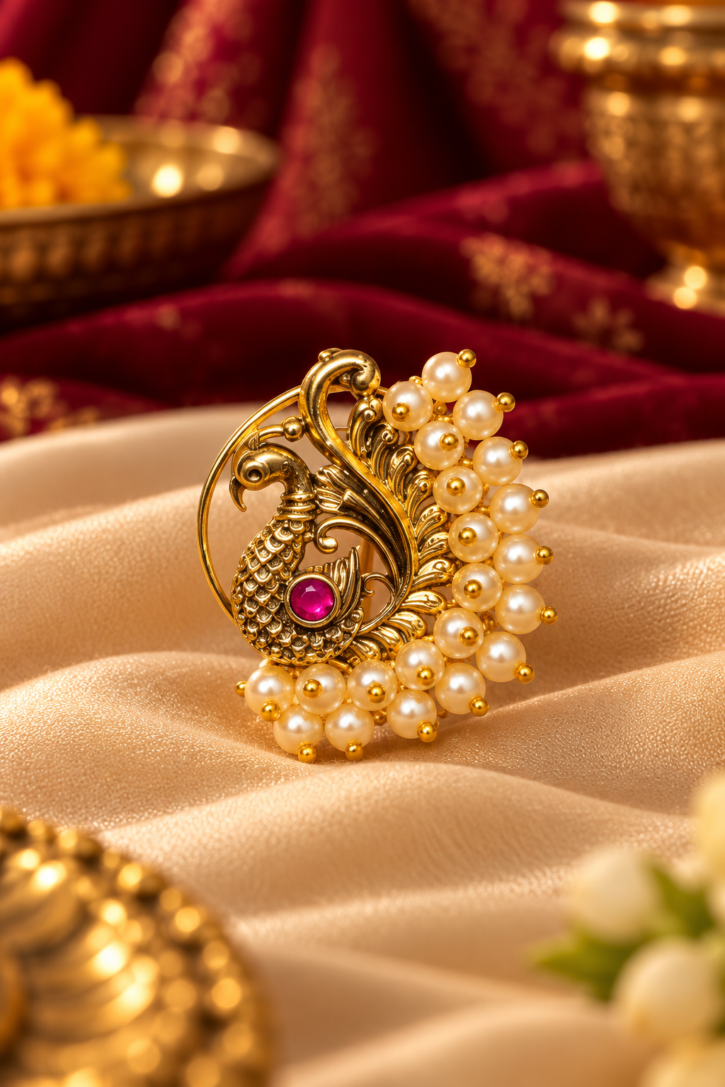 Traditional Peacock Pearl Press Nathani – Gold Tone
