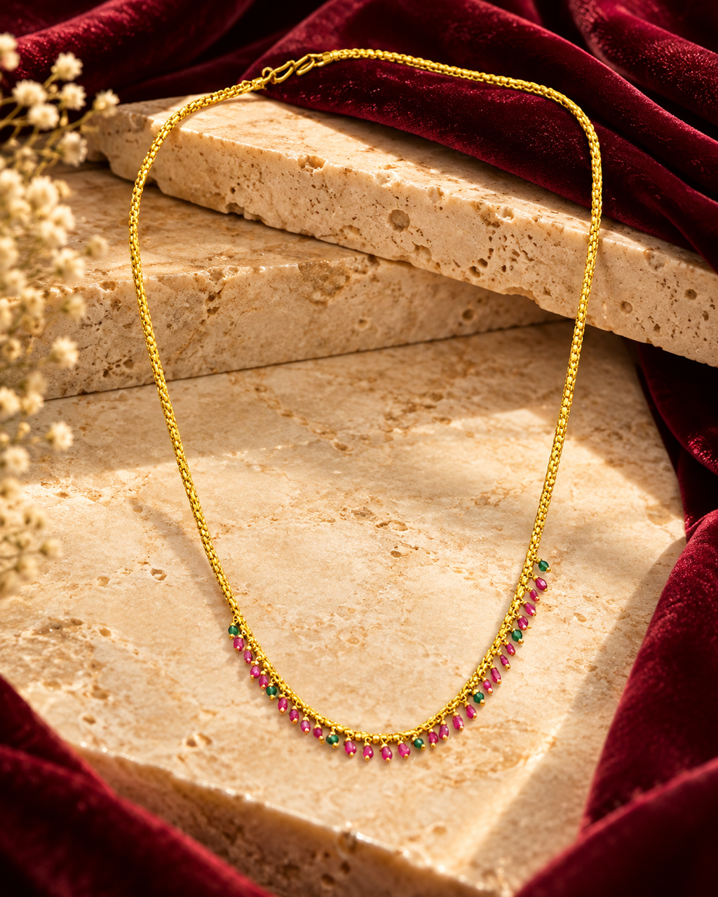 Elegant Gold-Tone Necklace with Pink & Green Bead Drops
