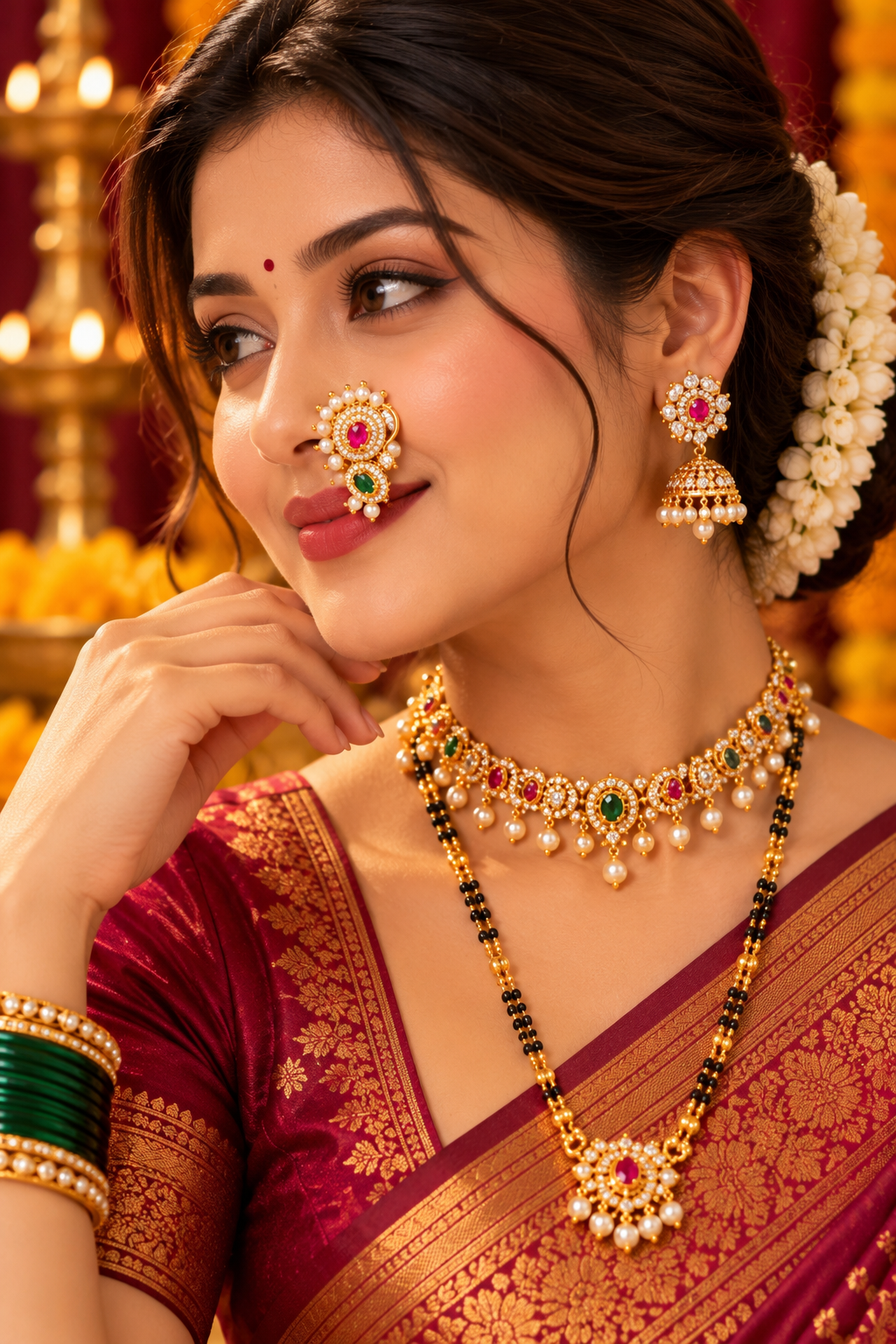Traditional Press Nathani with Ruby, Emerald & Pearl Detailing