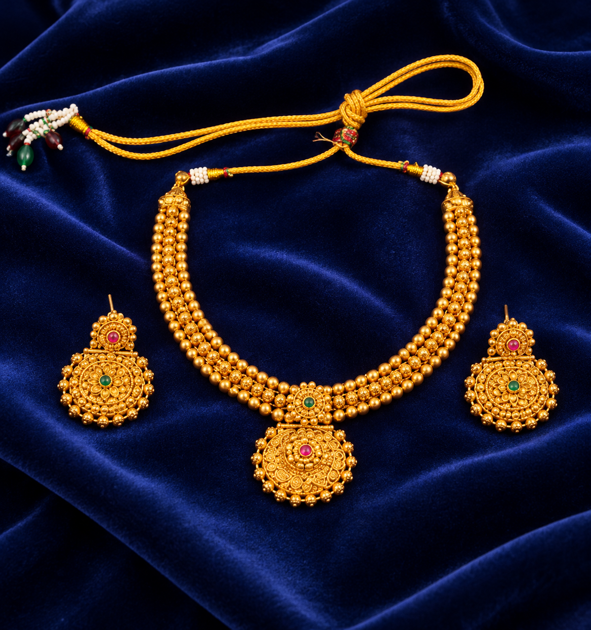 Traditional Gold-Tone Multi-Strand Necklace Set with Red & Green Stone Accents