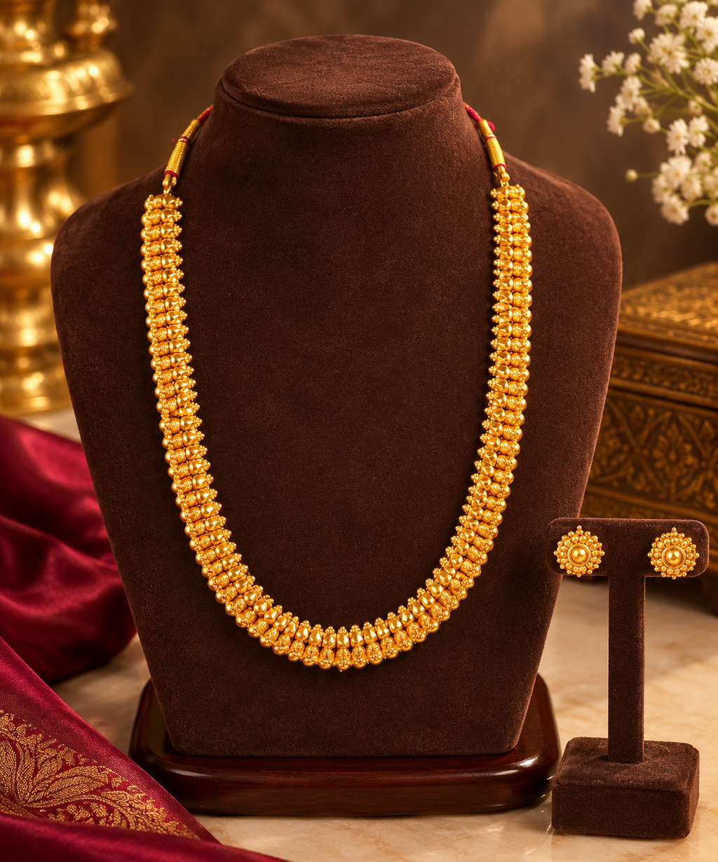 Traditional Gold-Tone Beaded Necklace Set with Matching Earrings