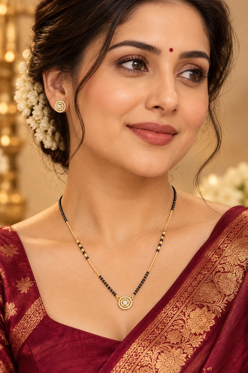 Elegant Black Beaded Mangalsutra with Circular Stone Pendant