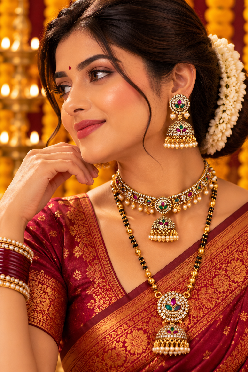 Gold-Tone Multicolour Stone-Studded Jhoomka Earrings with Pearl Drops