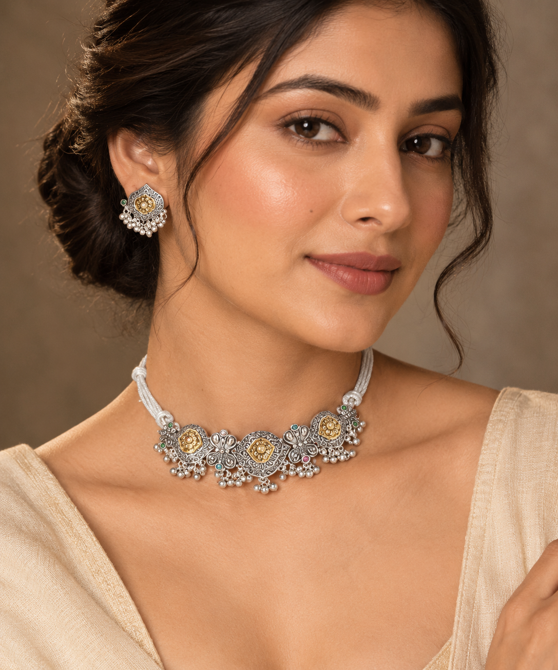 Oxidised Silver Necklace Set with Multicolour Stones & Pearl Bead Drops