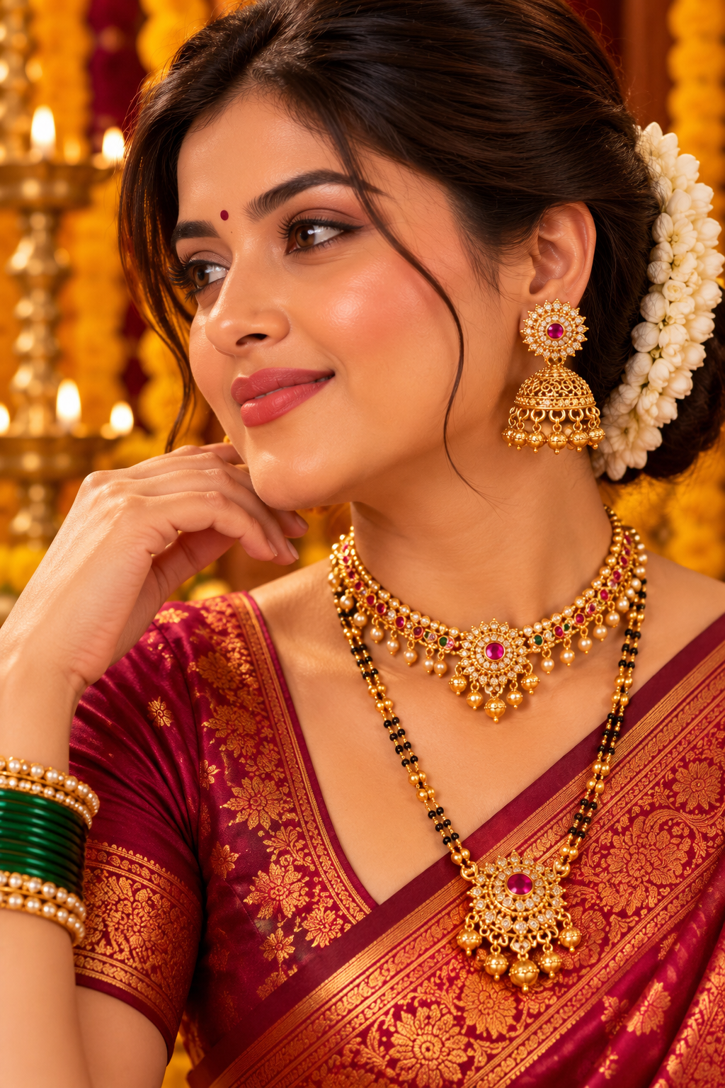 Gold-Tone Floral Jhoomka Earrings with Pink Stones