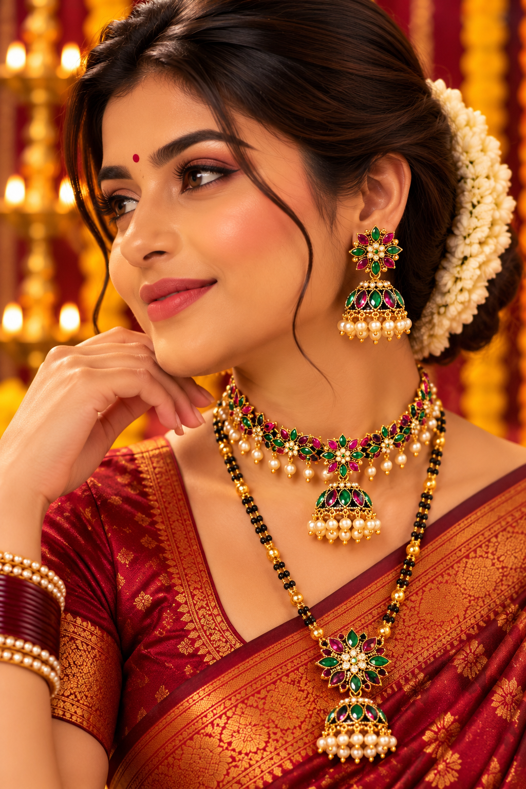 Gold-Tone Multicolour Floral Jhoomka Earrings with Pearl Drops