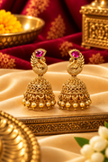 Traditional Gold-Tone Peacock Design Jhoomka Earrings with Pink Stones