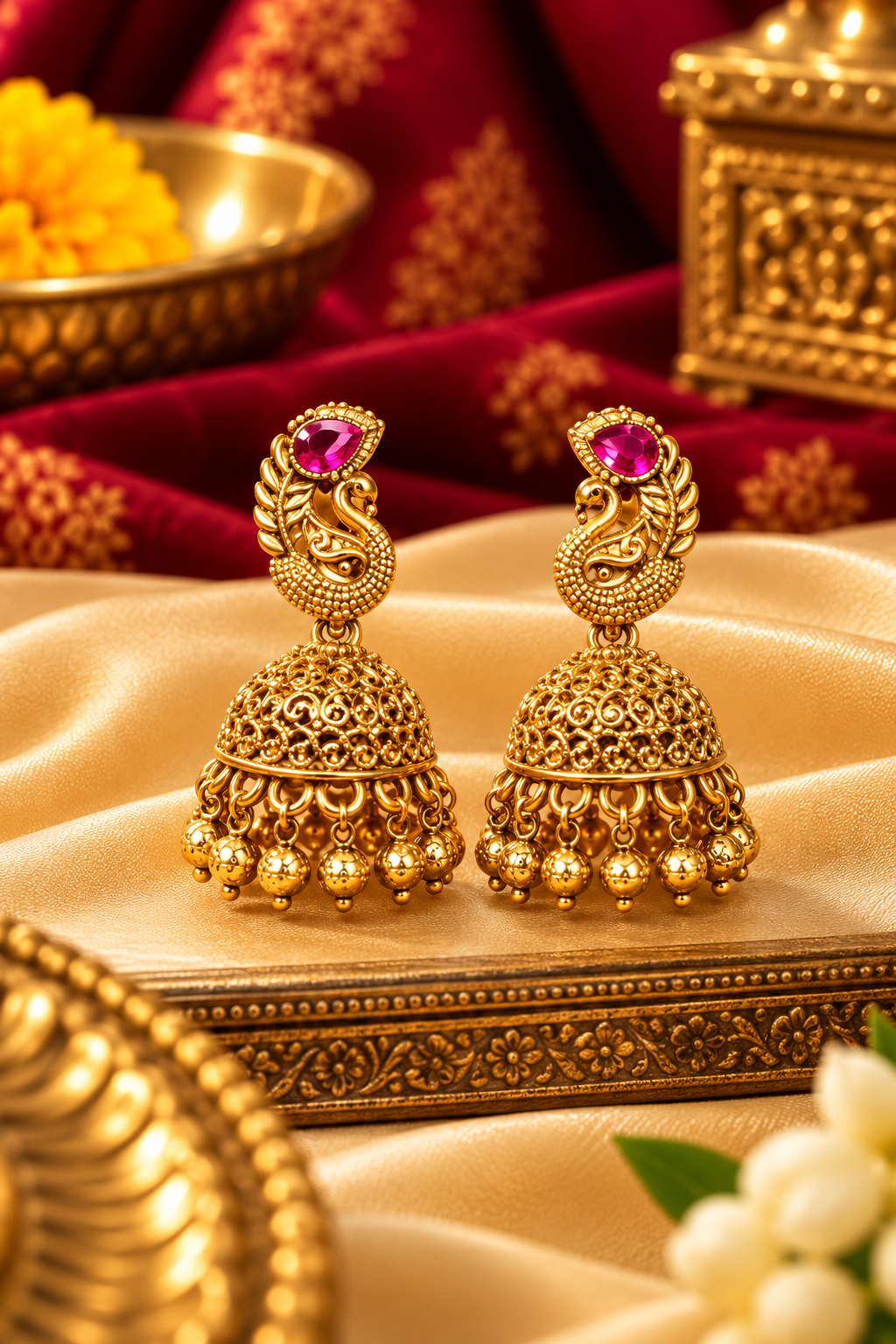 Traditional Gold-Tone Peacock Design Jhoomka Earrings with Pink Stones