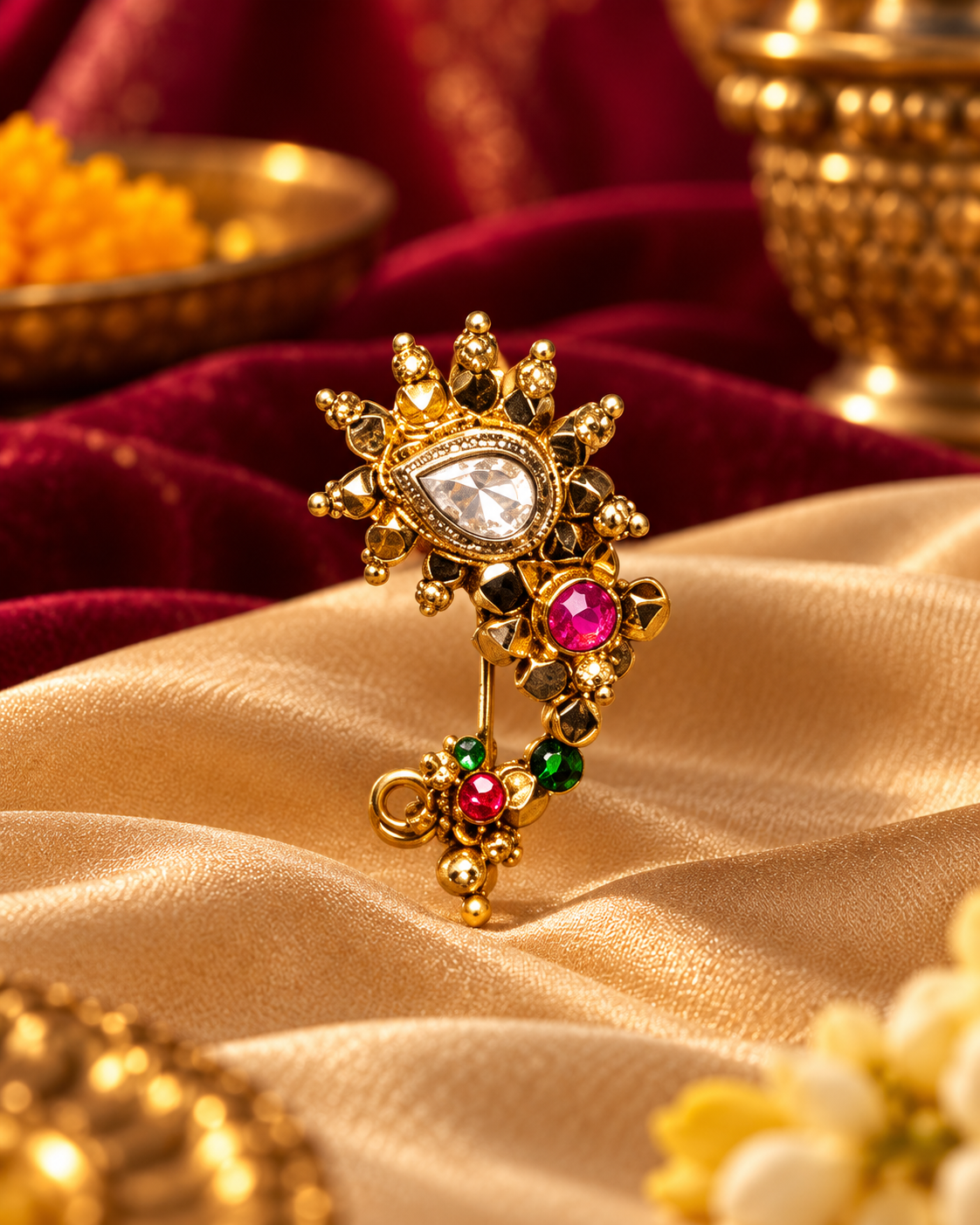 Traditional Multicolour Gold-Tone Nathani – Ethnic Nose Ring (Press Nathani)