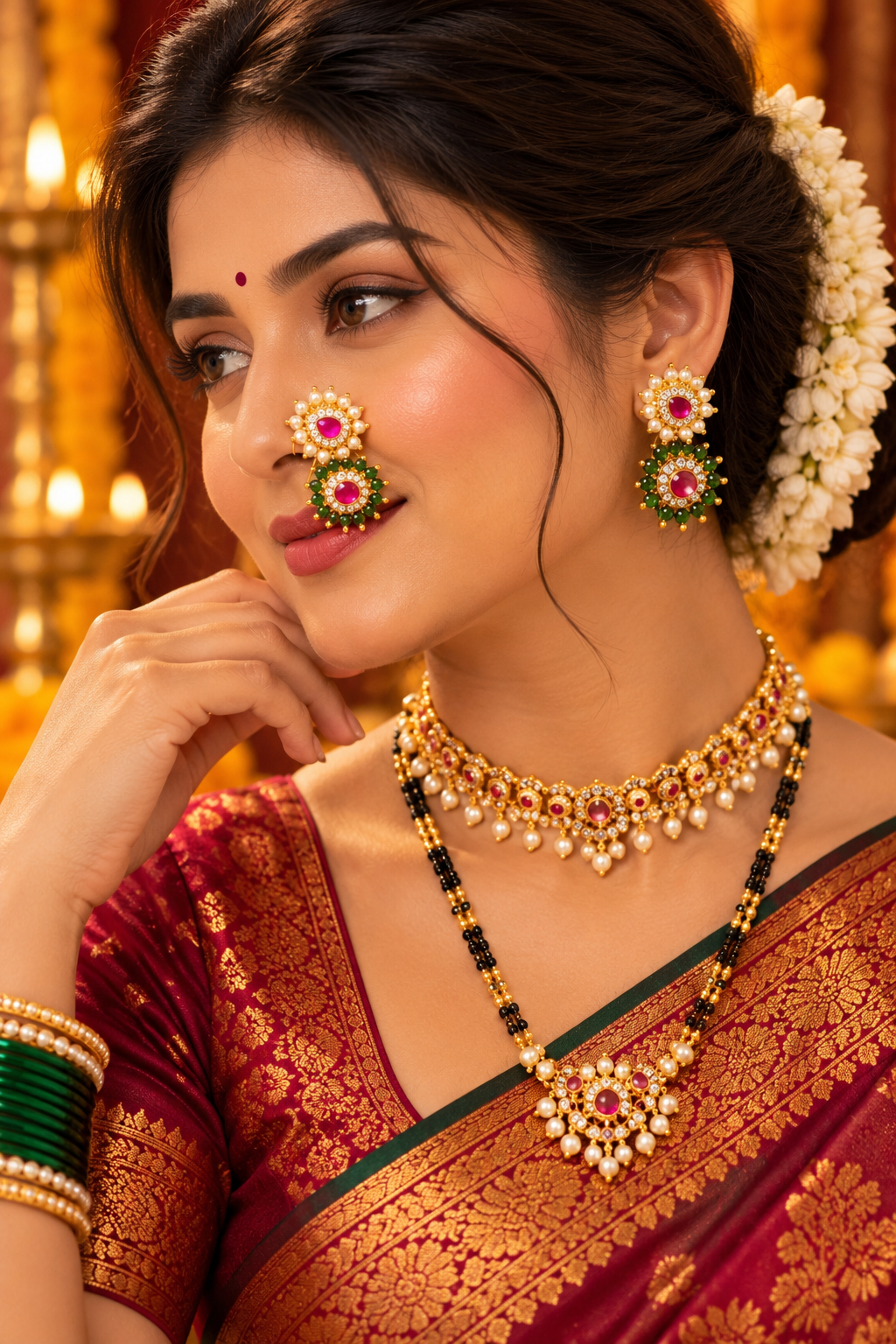 Traditional Press Nathani with Ruby-Pink Stones, Green Accents & Pearl Detailing