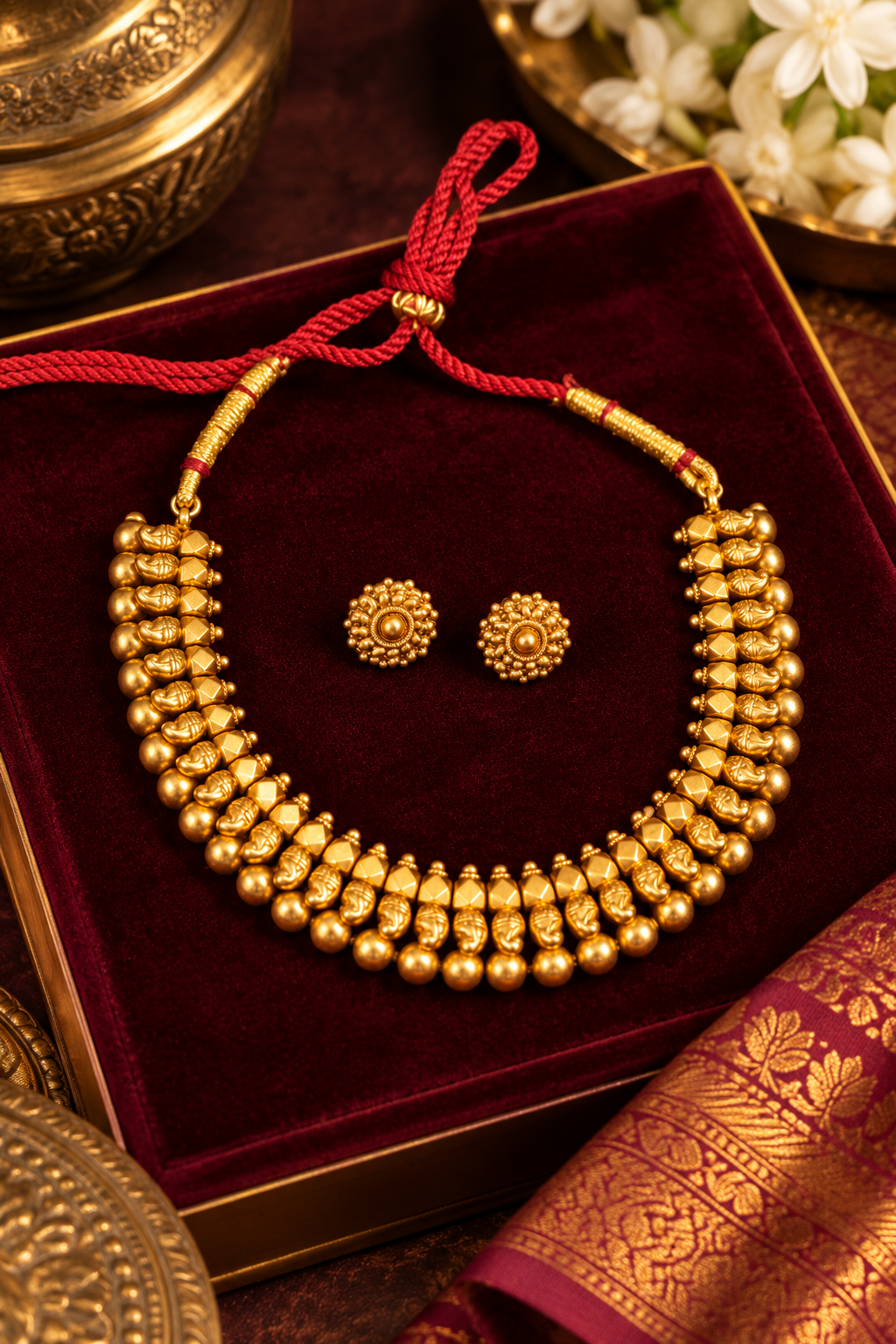Traditional Gold-Tone Beaded Necklace Set with Matching Earrings