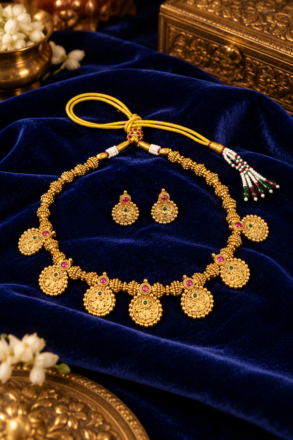 Traditional Gold-Tone Coin Pendant Necklace Set with Red & Green Stone Accents