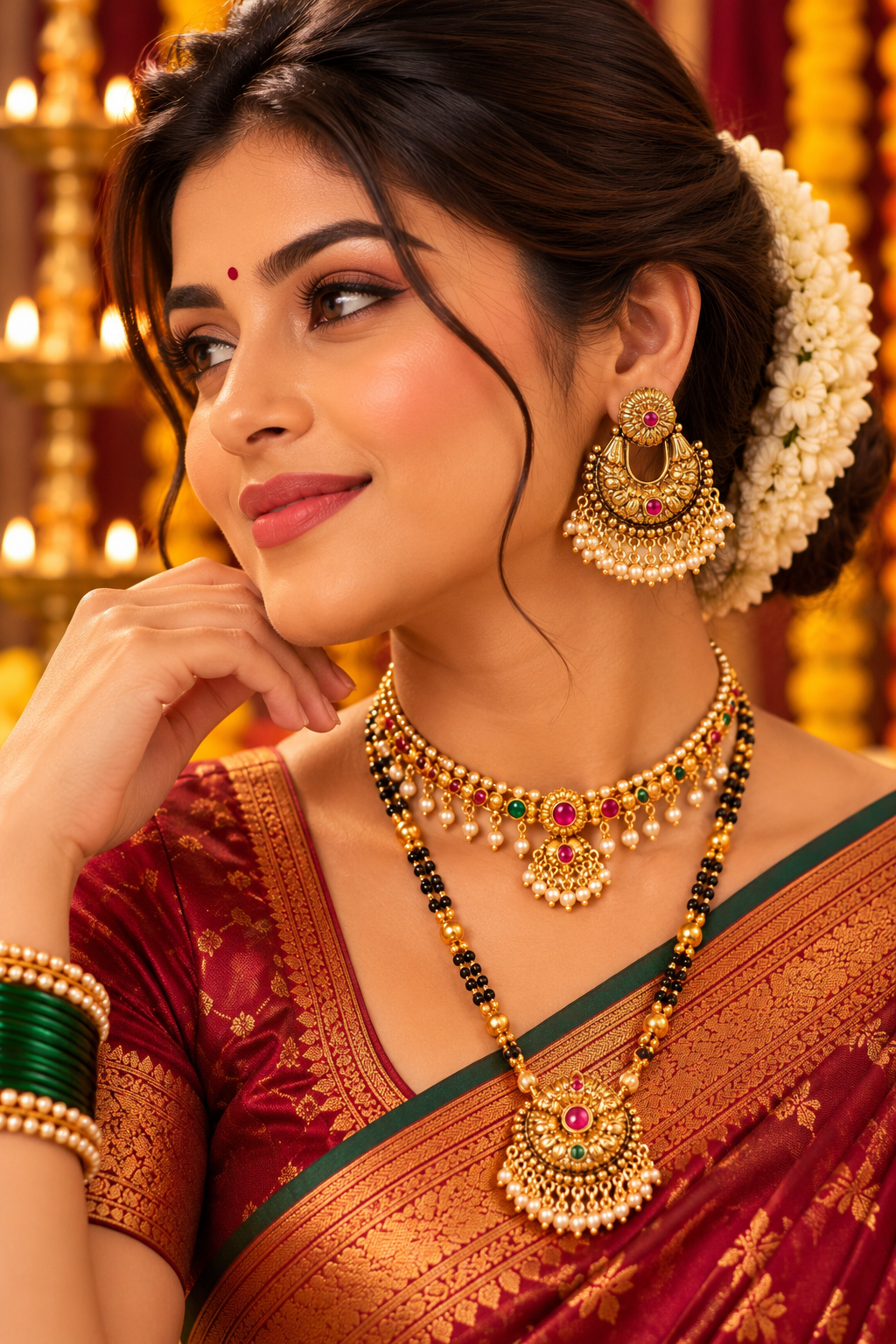 Traditional Gold-Tone Chandbali Jhoomka Earrings with Pink Stones & Pearl Drops