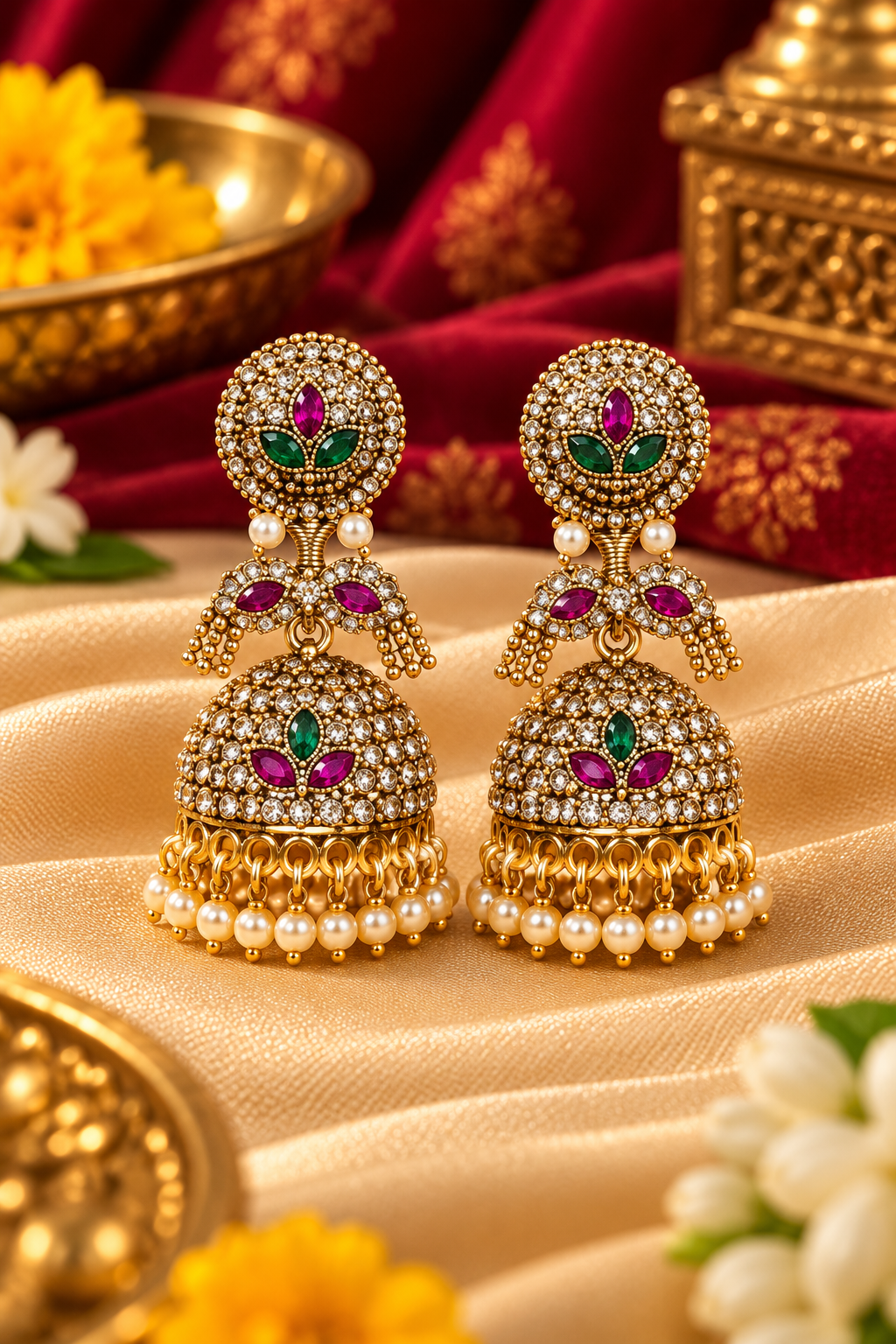 Gold-Tone Multicolour Stone-Studded Jhoomka Earrings with Pearl Drops