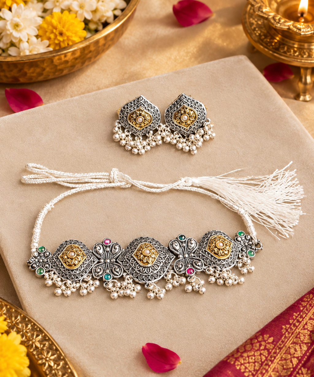Oxidised Silver Necklace Set with Multicolour Stones & Pearl Bead Drops