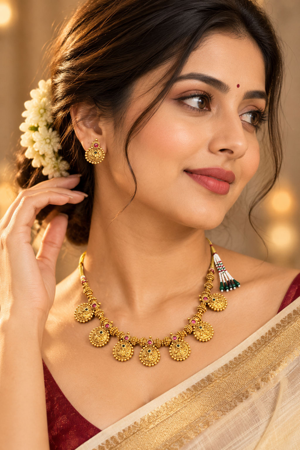 Traditional Gold-Tone Coin Pendant Necklace Set with Red & Green Stone Accents