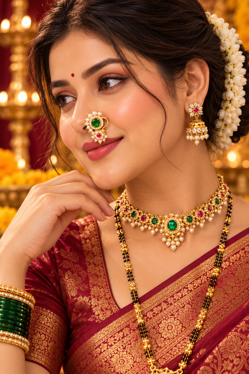 Emerald Green & Ruby Pearl Press Nathani – Gold Tone