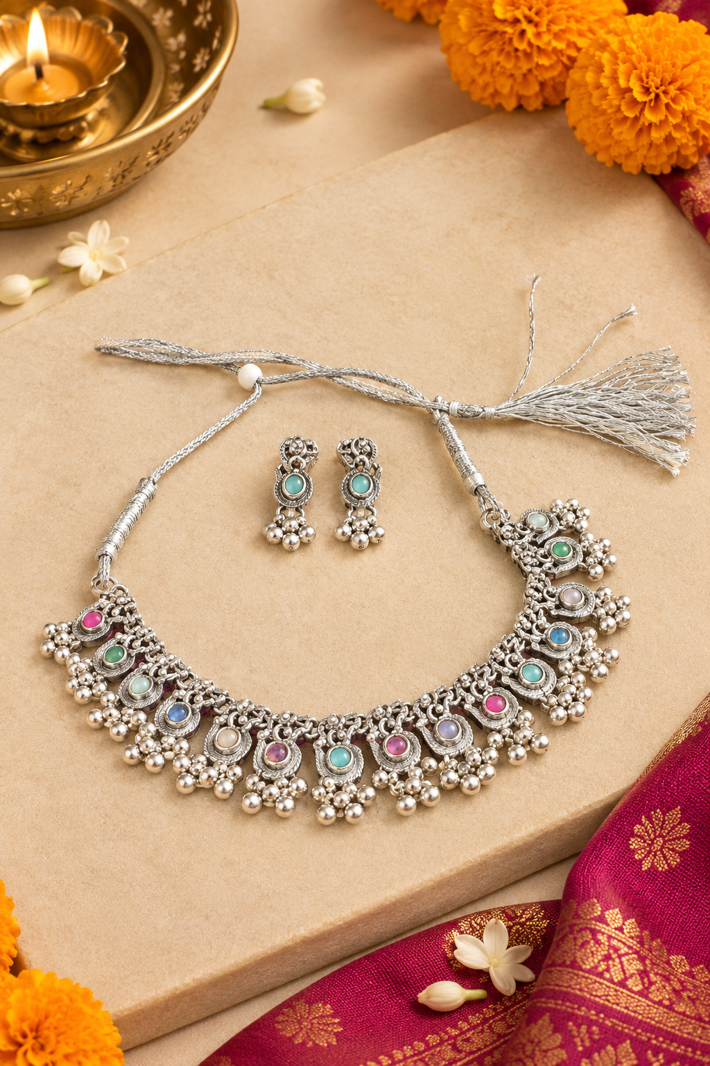 Oxidised Silver Necklace Set with Multicolour Stones & Matching Earrings