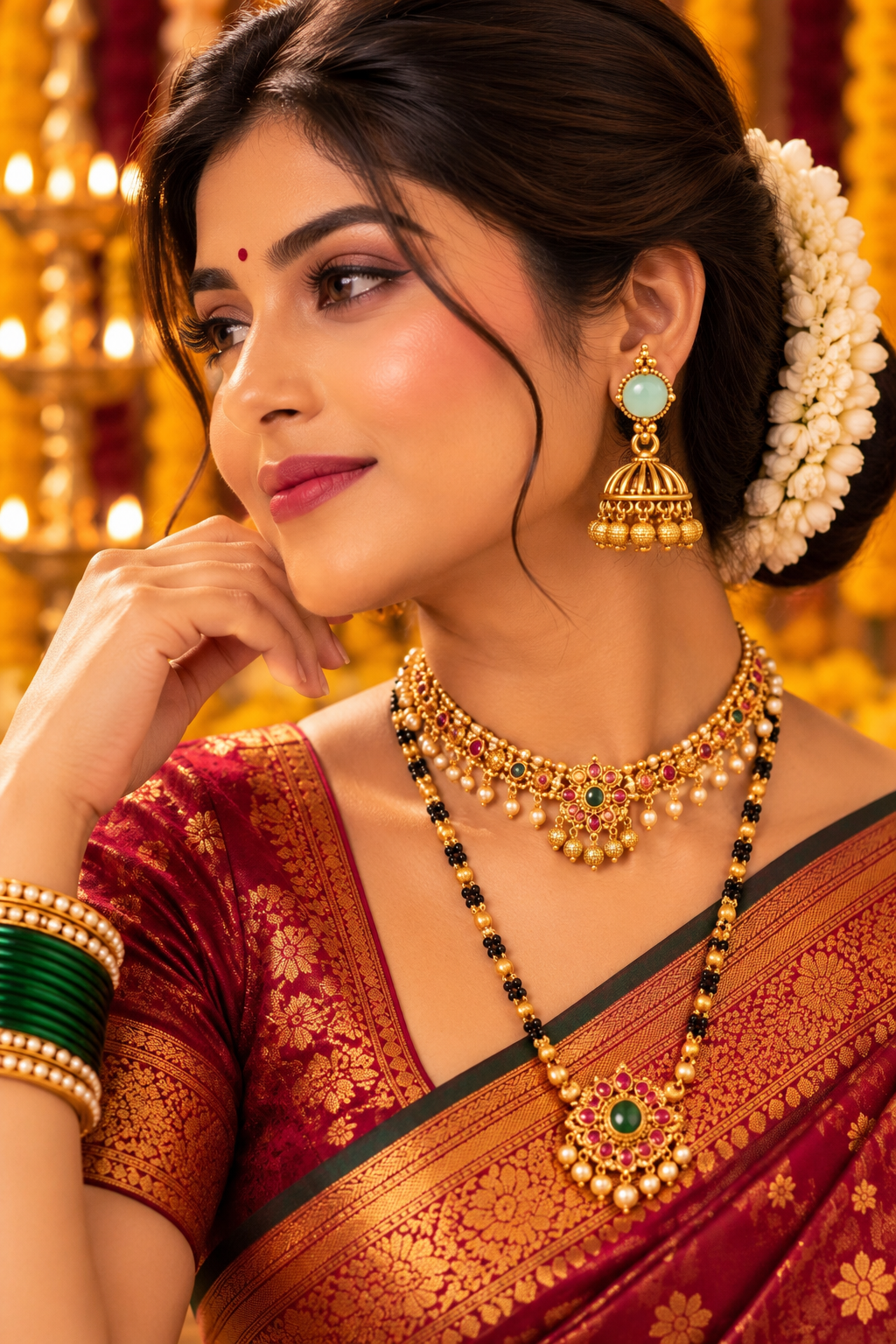 Gold-Tone Jhoomka Earrings with Mint Green Stones