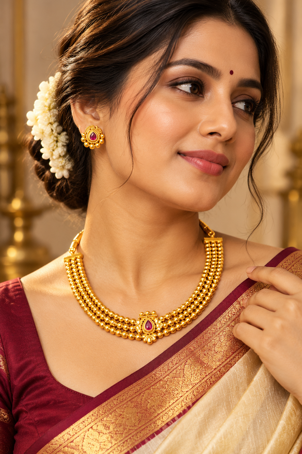 Traditional Gold-Tone Pearl Bead Necklace Set with Red Stone Accents