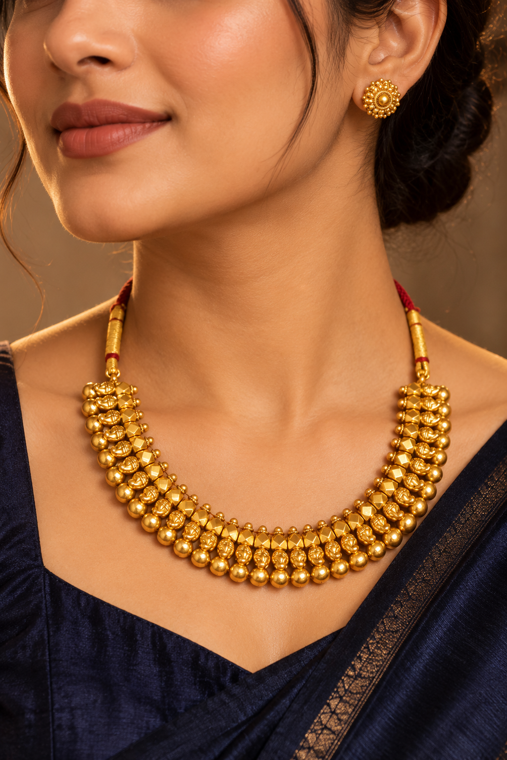 Traditional Gold-Tone Beaded Necklace Set with Matching Earrings