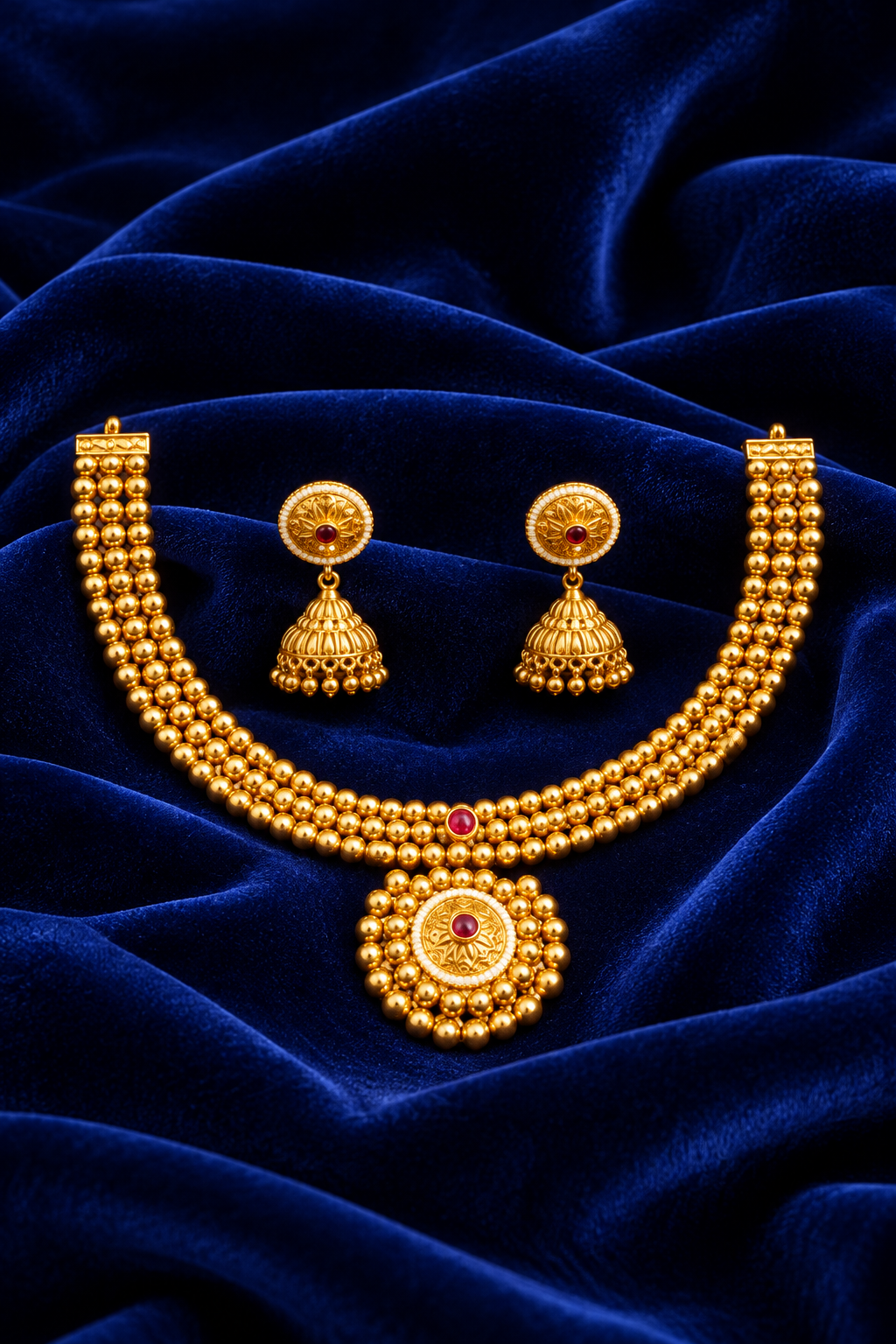 Traditional Gold-Tone Necklace Set with Red Stone Pendant & Jhumka Earrings