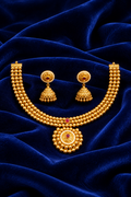 Traditional Gold-Tone Necklace Set with Red Stone Pendant & Jhumka Earrings