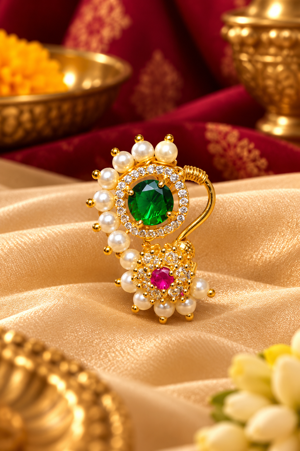 Emerald Green & Ruby Pearl Press Nathani – Gold Tone