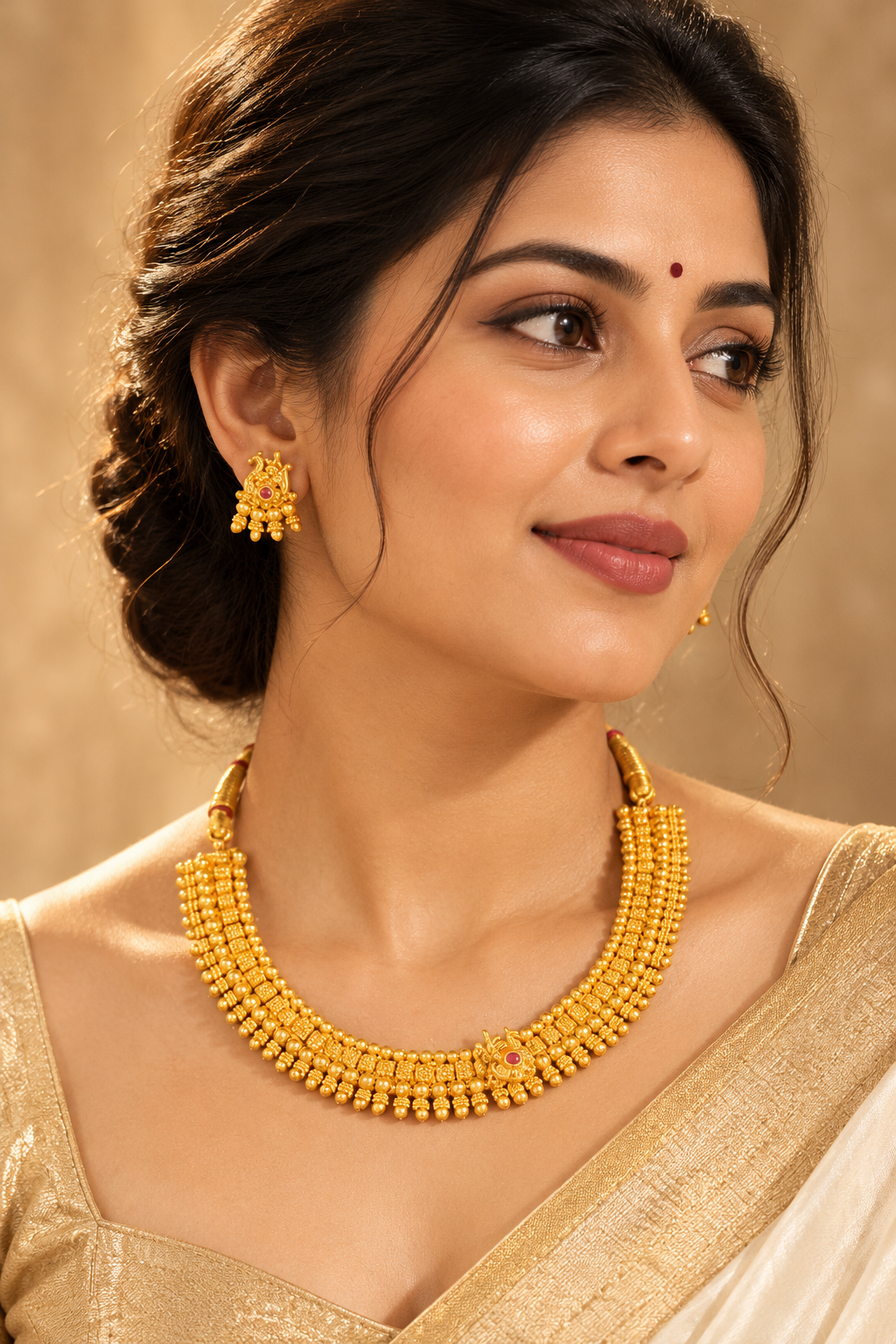 Traditional Gold-Tone Multi-Row Necklace Set with Red Stone & Matching Earrings