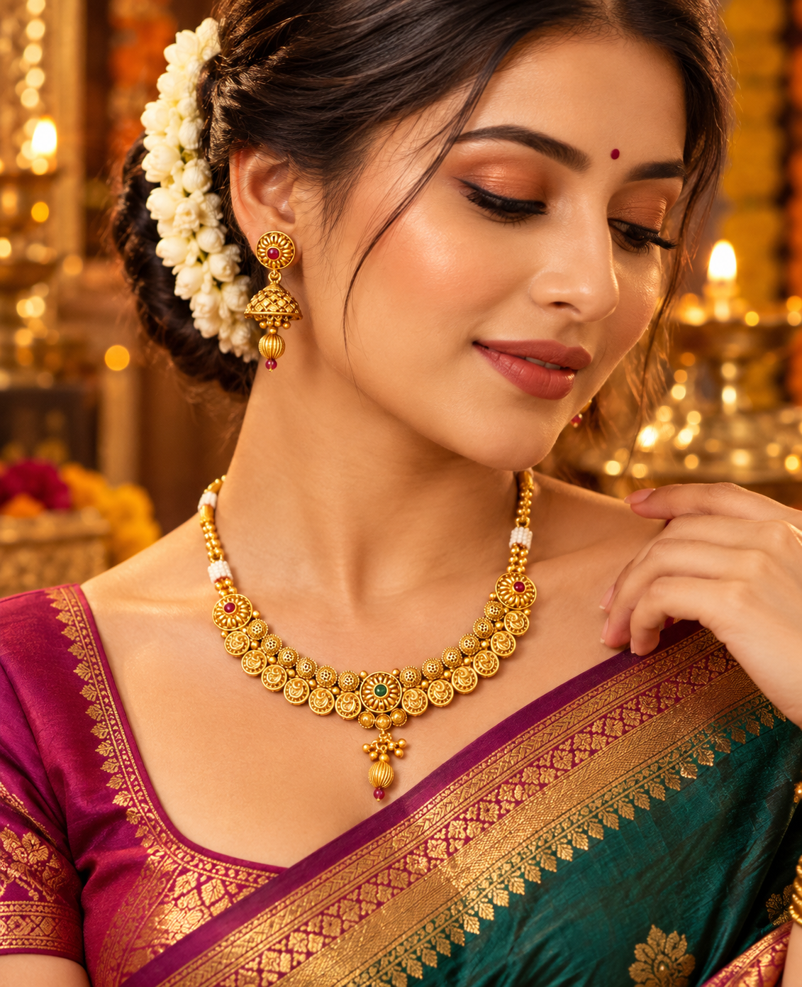 Traditional Gold-Tone Necklace Set with Red & Green Accents and Jhumka Earrings