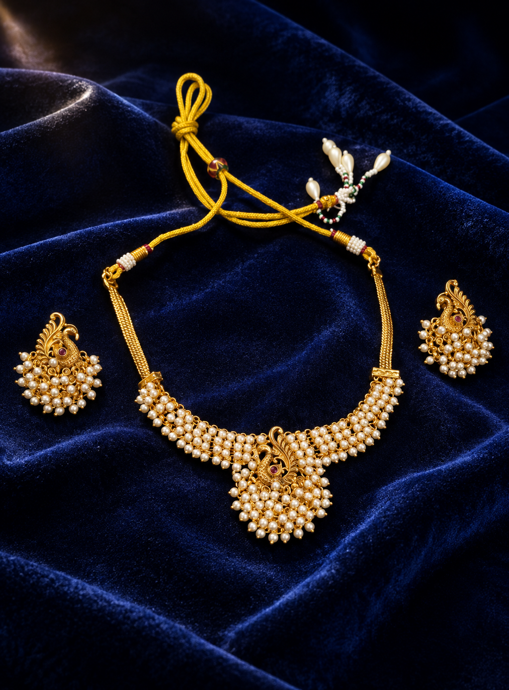 Traditional Gold-Tone Pearl Necklace Set with Matching Earrings