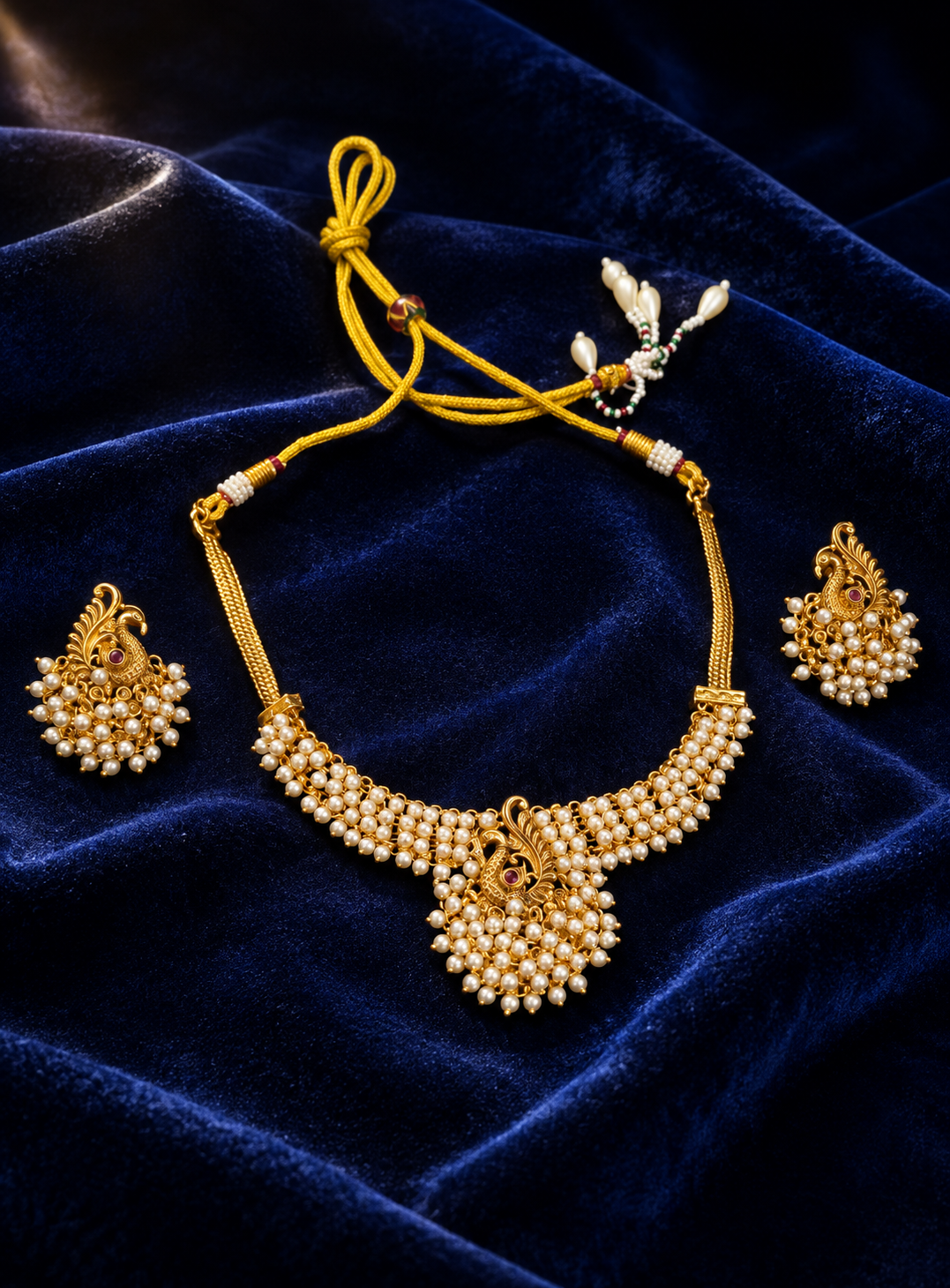 Traditional Gold-Tone Pearl Necklace Set with Matching Earrings