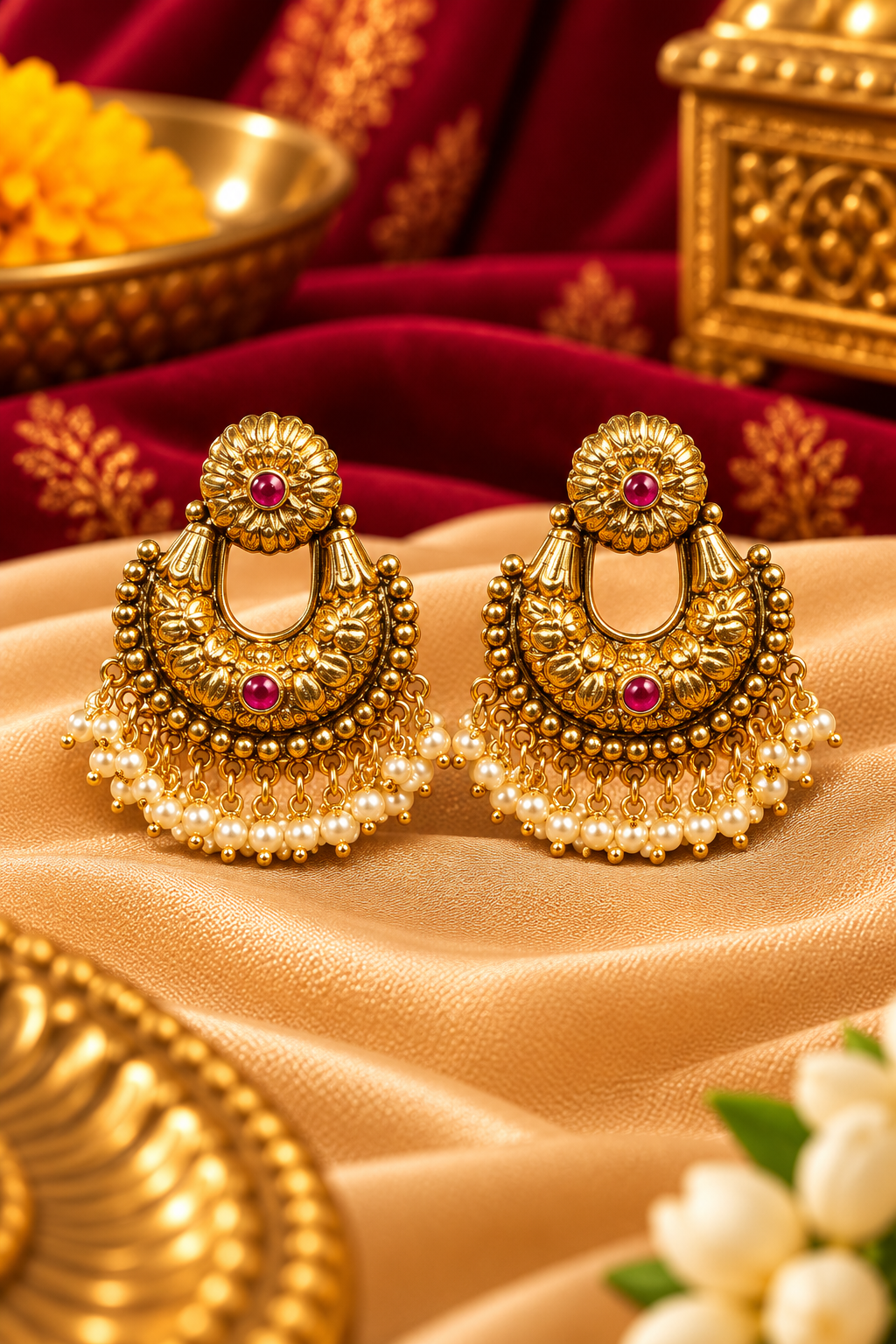 Traditional Gold-Tone Chandbali Jhoomka Earrings with Pink Stones & Pearl Drops