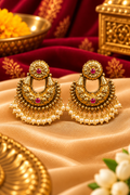 Traditional Gold-Tone Chandbali Jhoomka Earrings with Pink Stones & Pearl Drops