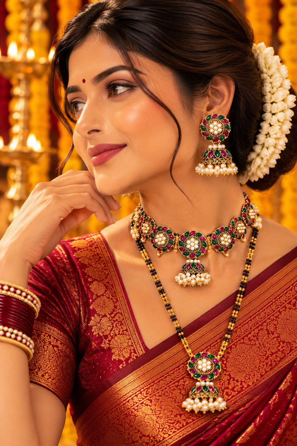 Gold-Tone Multicolour Jhoomka Earrings with Pearl Drops