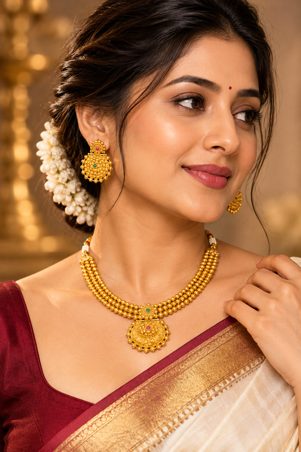 Traditional Gold-Tone Multi-Strand Necklace Set with Red & Green Stone Accents
