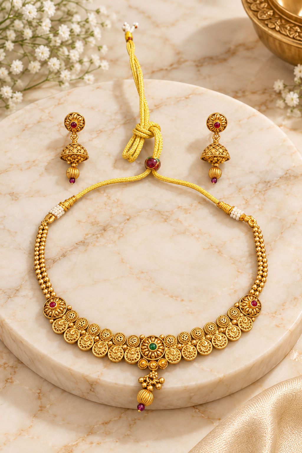 Traditional Gold-Tone Necklace Set with Red & Green Accents and Jhumka Earrings