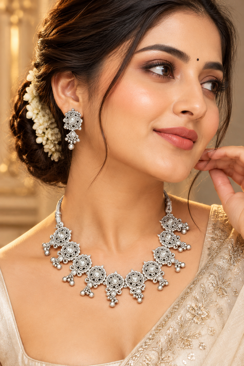 Oxidised Silver Floral Necklace Set with Matching Earrings